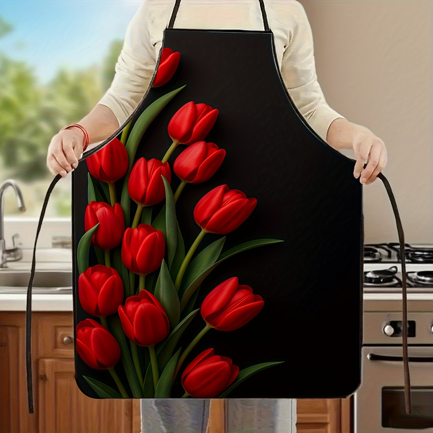 Kitchen Baking Background - Фартук с красным тюльпаном на черном