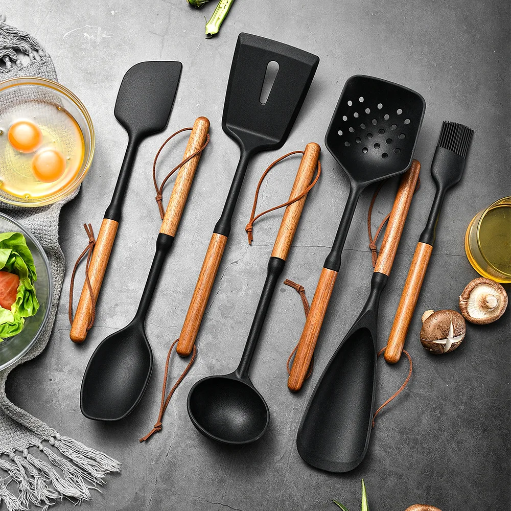 Kitchen Baking Utensil Set - 7 шт., черная силиконовая деревянная ручка,